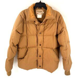 Vintage Cabelas Jacket Mens Small Tan Goose Down Puffer Coat Snap Button Cord